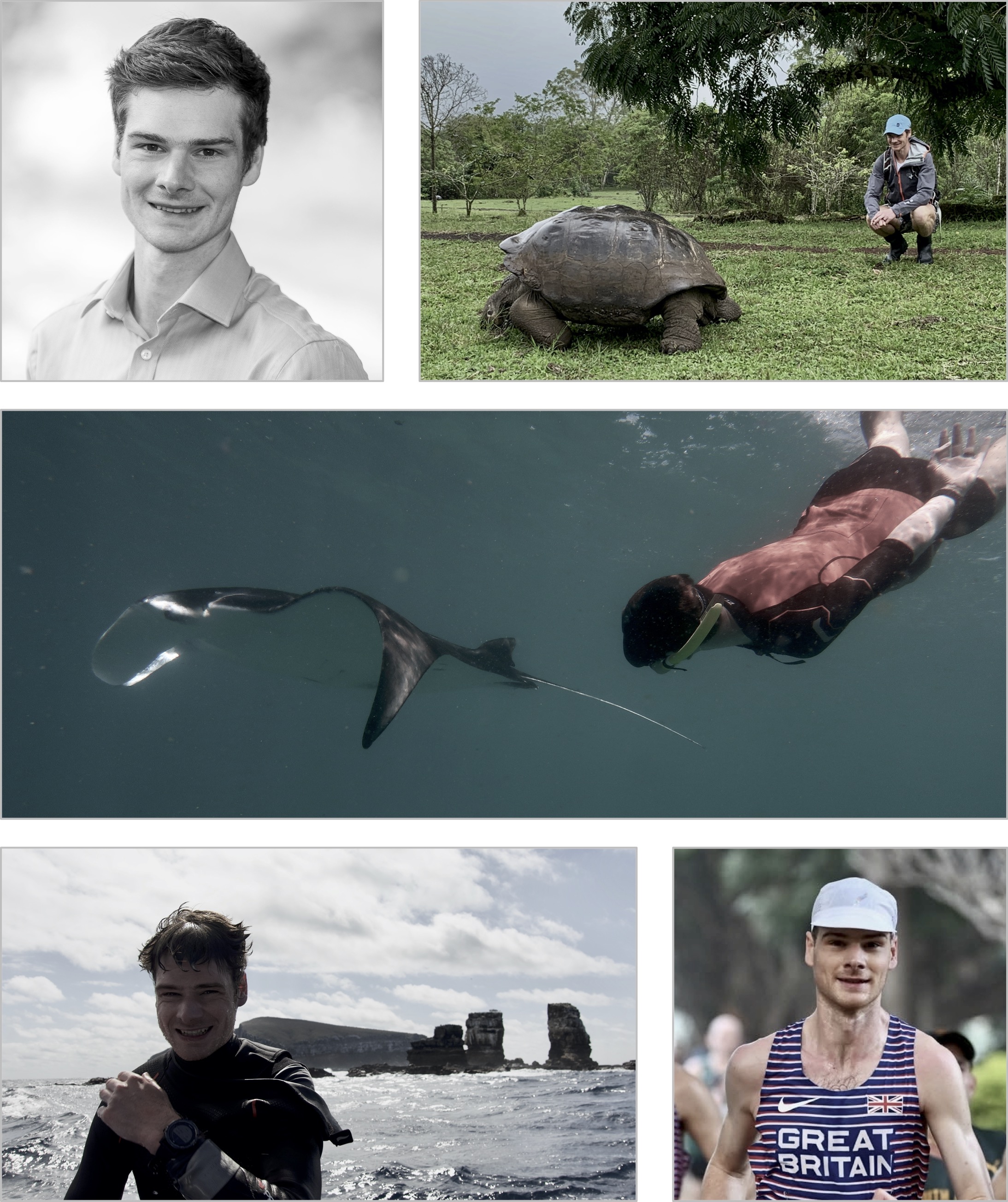 Images of Joe Turner conducting fieldwork in nature and running for Great Britain